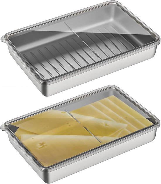 2 stuks spekkaascontainer voor koelkast, roestvrijstalen kaasopslag met deksel, vleescontainers, spekspaardoos voor het bewaren van delicatessen, pasta, kaas, enz. (20 x 14,5 x 4,5 cm)