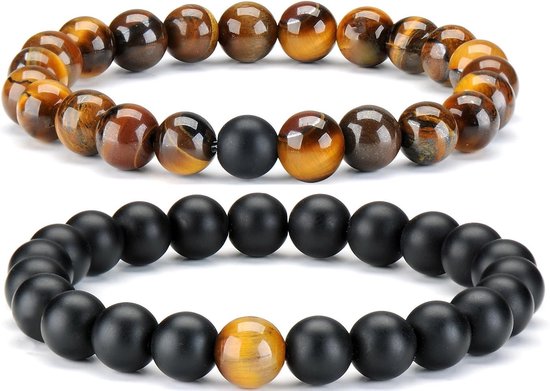 2 stuks Tiger Eye & Black matte agaat afstand armband voor mannen vrouwen set