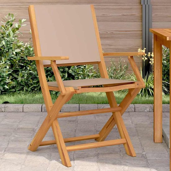 2 stuks tuinstoelen van massief acacia in taupe met stoffen bekleding, klapstoelen voor terras en balkon, opvouwbare stoelen met houten armleuningen voor buiten, comfortabele zitmeubels