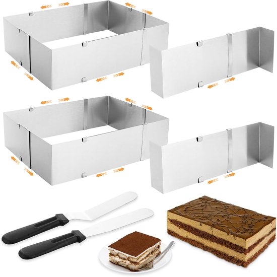 2 Stuks Verstelbare Cakevorm, Rechthoekige Taartvorm 10 cm Hoog, 28-52,5 x 18-32 Cm, 410 RVS met Rechte en Gebogen Spatel voor Bakken en Dessert en Keuken