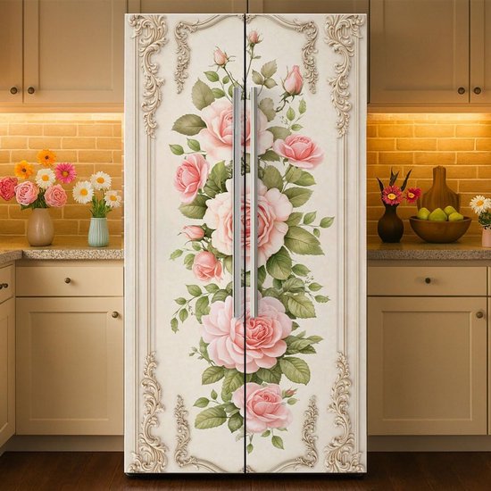 2 stuks vintage roze roos verwijderbare koelkast wraps, zelfklevende bloemen sierlijke koelkast deur muurschildering vinyl vriezers paneel cover sticker voor keuken bar decor, 41,5 x 200 cm
