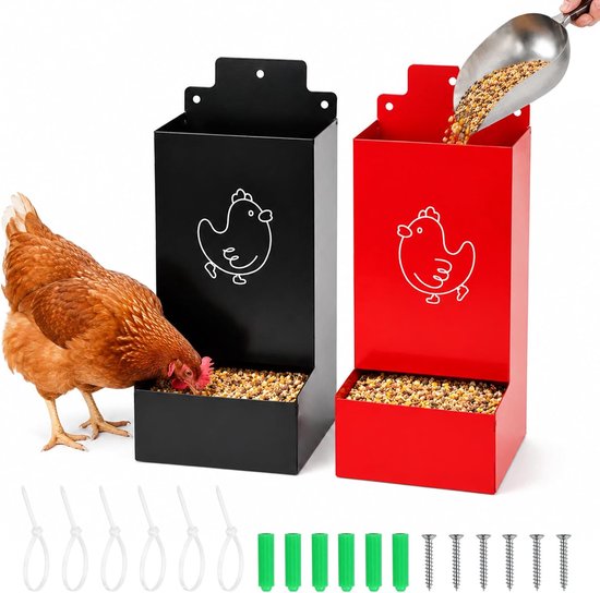 2 stuks voederautomaat kippen, voederbak kippen van ijzer, voederdispenser automatische voederdispenser voor kippen, eenden gevogelte, draagbare kuikenhok-accessoires