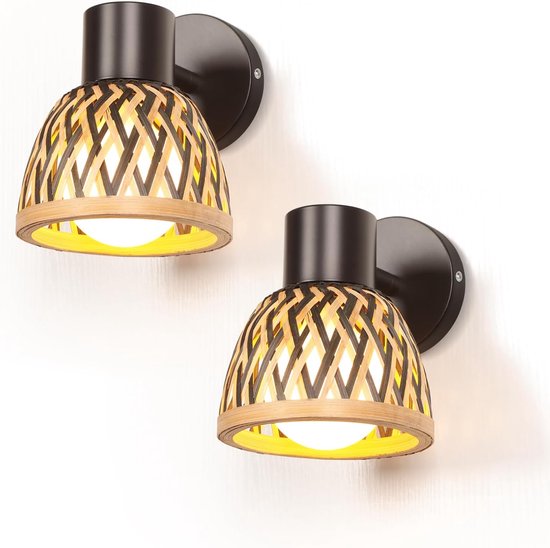 2 stuks wandlampen voor binnen, E27, retro lamp van metaal en bamboe lampenkap, vintage wandspot, verstelbare wandlamp voor slaapkamer, woonkamer, eetkamer, hal (type B, 13,5 cm)