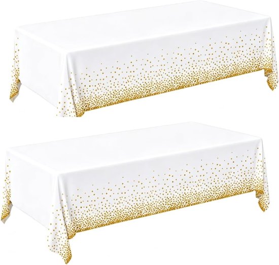 2 stuks wegwerptafelkleden, wit goud, 137 x 274 cm, rechthoekig, feesttafelkleden, afwasbaar, kunststof tafelkleden voor verjaardag, bruiloft, picknick, biertentgarnituur, tafeldecoratie, witgoud