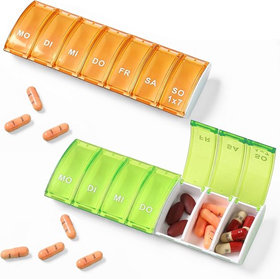 2 stuks wekelijkse pillendoos, afneembare pillendoos met 7 vakken, draagbare wekelijkse pillendoos voor tablets, vitaminen en levertraan (groen en oranje)