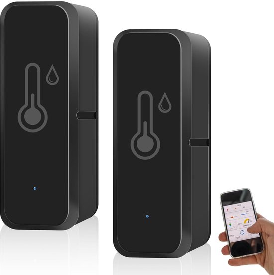 2 stuks wifi-thermometer, smart hygrometer, binnen en buiten, temperatuurvochtigheidssensor met slimme app en gegevensopname, mini-thermometer, hygrometer voor broeikas, wijnkelder, zwart