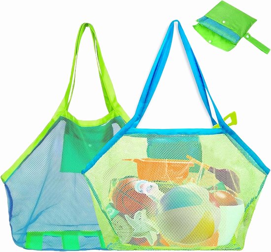 2 stuks zandspeelgoedtassen net, strandspeelgoedtas, groot, nettas, zandspeelspeelgoed voor zandspeelgoed, waterspeelgoed, herbruikbare en opvouwbare strandtas, opvouwbaar, voor familie vakantie