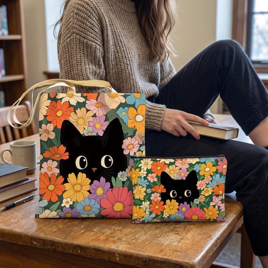 2 Stuks Zwarte Katten Canvas Tassen, Dagelijkse Reisbenodigdheden, Geschikt Als Cadeau Voor Moeders En Vrienden.