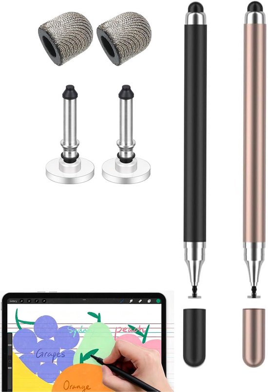 2 styluspen, 2-in-1, dubbele punt van siliconen en zuignap, set met 4 reserveonderdelen, metallic, pianozwart en roségoud, 15 cm, voor iPad, Android, smartphone en tablets