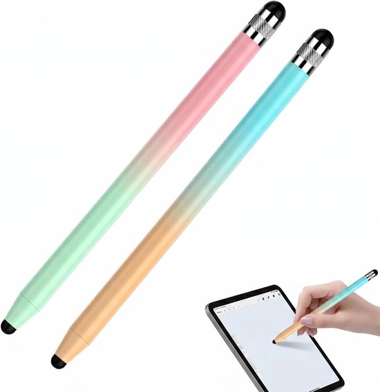 2 x universele pen voor tablet, stylus van metaal met siliconen punt voor touchscreens, kleurverloopdesign, 14,3 cm