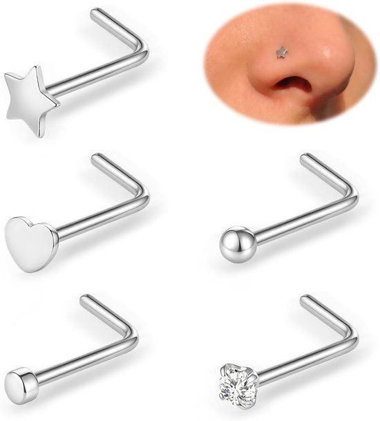 20 g, goud, zilver, hypoallergeen, chirurgisch roestvrij staal, L-vormige neussteker, kleine dunne ster, hart, 2 mm, zirkonia, diamant, bal, punt, neus, neus, neus, neus, piercing