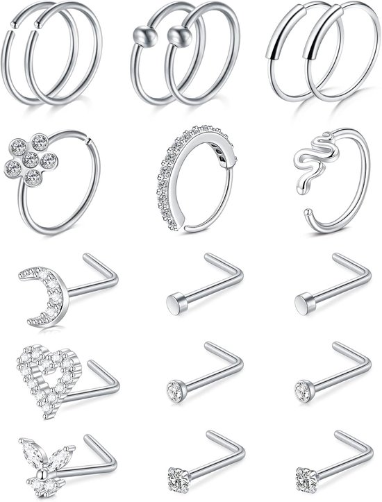 20 g neuspiercing van roestvrij staal, L-vormige neusring, 18 stuks, nep septum, neuspiercing, lichaamssieraden