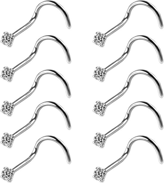 20 gauge 10 stuks roestvrij staal neusschroef gebogen neus steker neus zirkonia lichaam piercing sieraden