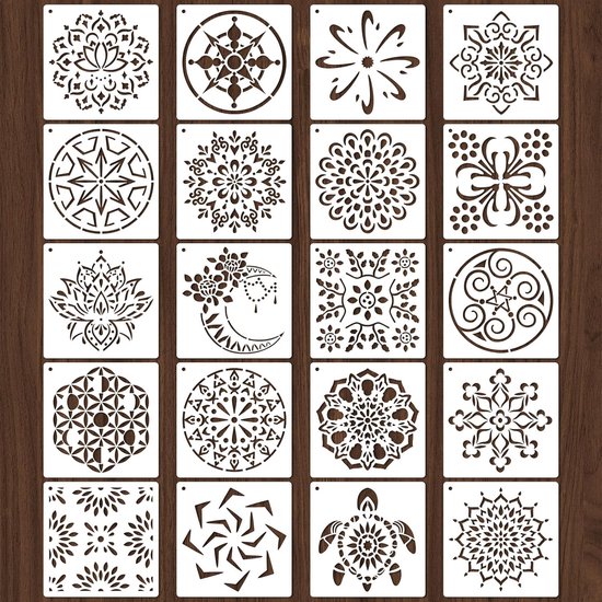 20 stuks 10 x 10 cm mandala-sjablonen voor schilderen op hout, vloer, muur, tegelstof, herbruikbare meubelsjablonen, schildersjabloon, mandala-sjabloon voor doe-het-zelf rotskunstprojecten, decoratie