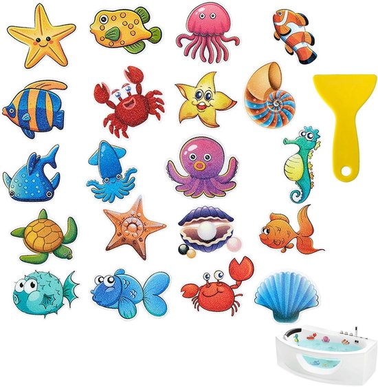 20 stuks antislip badstickers voor kinderen, douchestickers met zeedieren en mat oppervlak, 11,4 x 8,9 cm, met schraper, voor badkuip, douche en badkamermuur