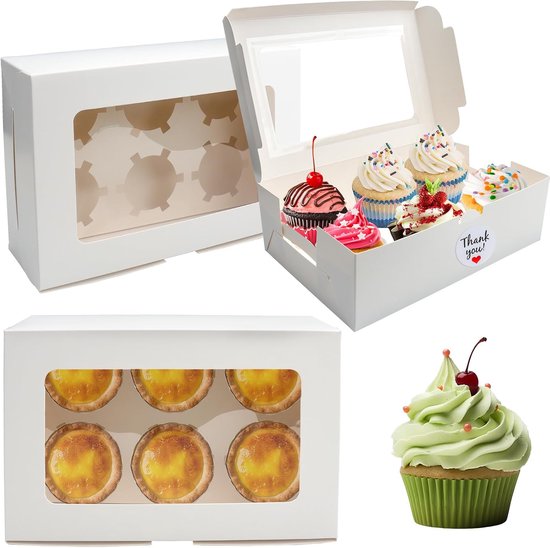 20 stuks cupcake dozen 6 gaten met raam en stickers, cupcake drager bakkerij gebak dozen koekje traktatie muffins dozen drager voor thuis baker verjaardag (wit 6 gaten)