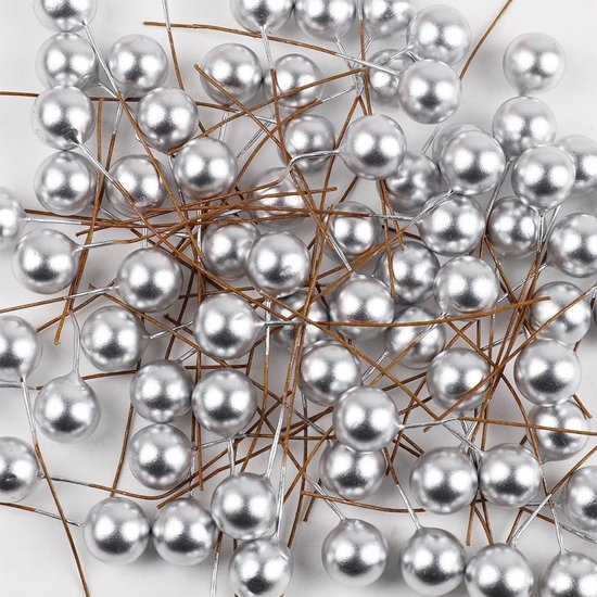 20 stuks kunstkerstbessen met steel, 12 mm, mini-knutselbessen van schuim en draad, kunstkralen, voor doe-het-zelf decoratie, krans, kerstboom, bloemstukken, zilver