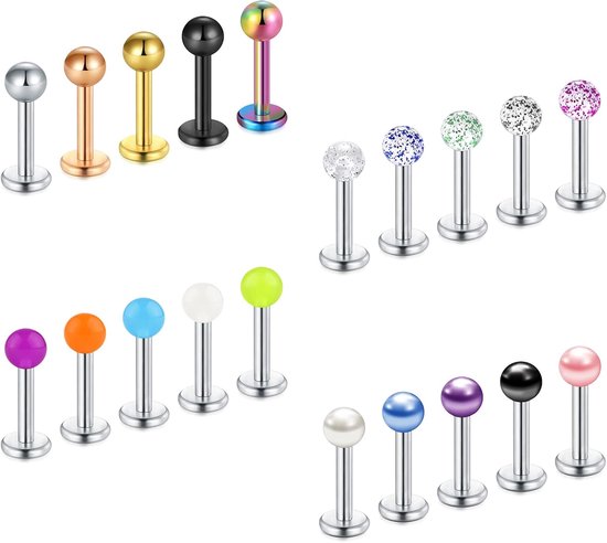 20 stuks Labret Stud Lip Bars 16G Tragus Helix Oorbel Stud Platte Rug Monroe Medusa Piercing 6/8/10/12 mm Beschikbaar