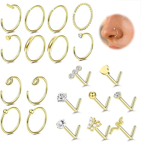 20 stuks neuspiercings, stekers, goud, hypoallergene neusring, ring voor
