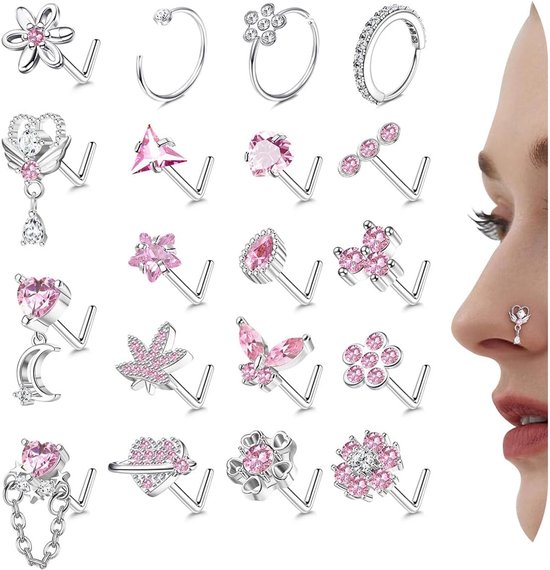 20 stuks neusringen van 20 g set, L-vormige neusstud piercing sieraden voor vrouwen, hypoallergeen, roestvrijstalen neusnoppen met zirkoon