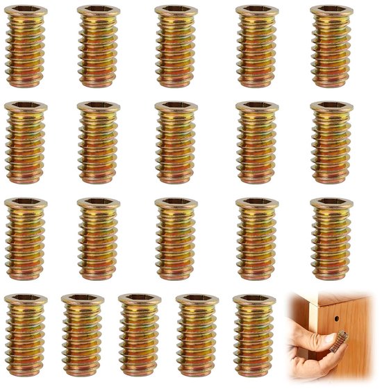 20 stuks schroefdraadinzetstukken voor hout, M8 x 25 mm, zelfborgende zeshoekige moeren, robuuste binnen- en buitendraad, voor houten meubels, stoelen, tafels, bedden en doe-het-zelf
