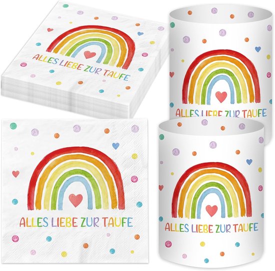 20 stuks servetten, doop + 12 stuks windlicht tafeldecoratie, doopdecoratie, decoratie voor meisjes en jongens, regenboog, doopgeschenken, gastgeschenk, feestdecoratieset