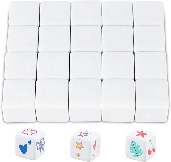 20 stuks witte blanco dobbelstenen, afgeronde blanco dobbelstenen, 25 mm acryldobbelstenen, 6-zijdig, doe-het-zelf stickers voor schilderen, rechthoekig voor bordspellen, leren, knutselen