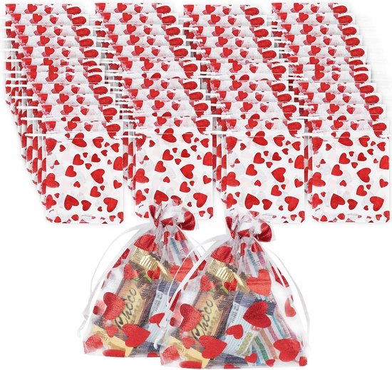 200 stuks organza geschenkzakjes, liefdeshart, organza zakjes, trekkoord, zakjes, 9 x 12 cm, organza sieradenzakjes, gunstzakjes voor Valentijnsdag, bruiloft, Kerstmis, feest, snoep, cadeau