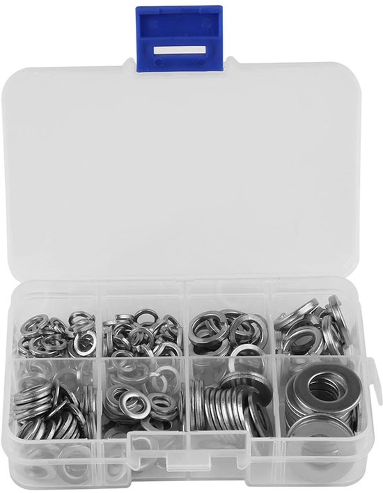 200 stuks platte sluitringen, veerringen, M5, M6, M8, M10, sluitringen, afdichtingsassortiment met doos, roestvrijstalen platte veerringen, vergrendelingsgereedschapset voor bevestigingsaccessoires
