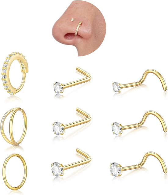 20G 9 stuks neuspiercings ring goud zilver neusring dunne neuspiercing plug set chirurgisch staal hypoallergeen neusstekers 1,5/2/2,5 mm zirkonia L-vormige schroef neusgat piercing voor dames en heren