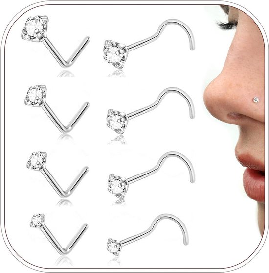 20G Gouden Neus Ring Stud Voor Vrouwen Mannen 8Pcs Hypoallergeen Chirurgisch Staal Kurkentrekker Neus Stud CZ 1.5/2/2.5/3mm Zilveren Neus Studs L Vorm Kleine Dunne Neus Stud Neusgat Piercing