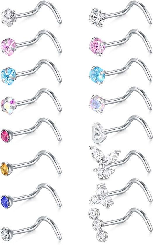 20G Neus Stud Ring Roestvrij Staal Diamant CZ Hart L Vormige Neus Ringen Voor Vrouwen 16Pcs Neusgat Piercing Sieraden Neus Studs