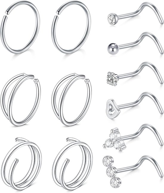 20G Nose Stud Spiraal Goud Diamant CZ Neus Ring Piercing Dames Chirurgisch Staal Neus Ring Nostril Dubbele Sieraden Piercing