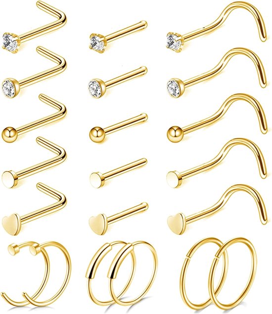 21-30 stuks, 20 g, 316L roestvrij staal, zilver/goud, schroef, straight, L-vorm, met zirkonia, nostril-piercing, sieraad voor vrouwen en mannen