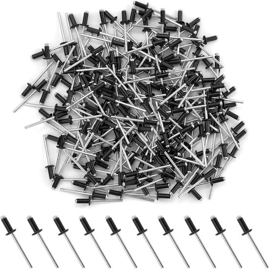 210 stuks blindklinknagels, aluminium klinknagels, 4 mm x 10 mm, antraciet, grote kop zwarte popklinknagels, voor gebouwen, schepen, auto's en meubels