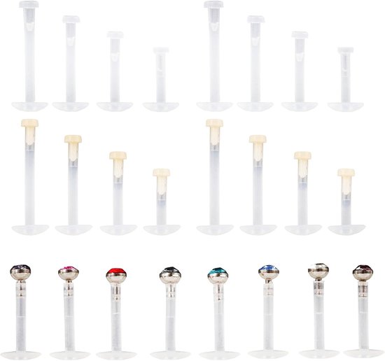 24-delige lippiercing set, kunststof labret lip Medusa piercing, tongpiercing kunststof, Helix Tragus neus Push Fit staaf, 1,2 mm staaflengte 6 mm 8 mm 10 mm 12 mm, lippiercing hypoallergeen