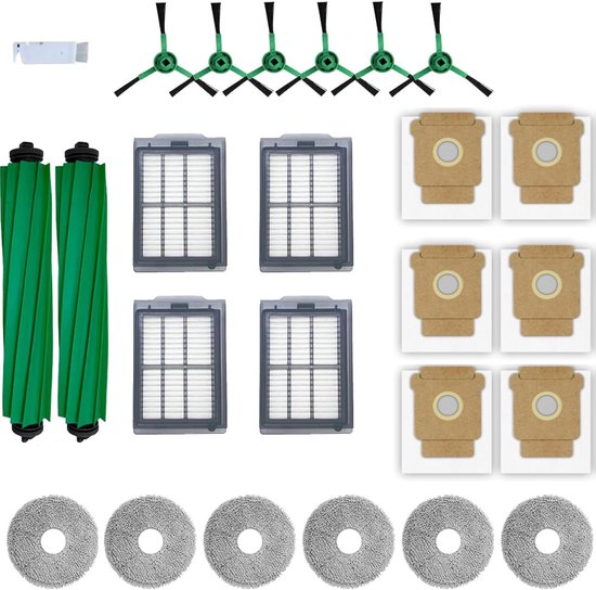 24 stuks accessoireset compatibel met iRobot Roomba Plus 505/405 combo-stofzuiger, vervangende onderdelen omvatten 2 hoofdborstels, 4 hepa-filters, 6 zijborstels, 6 stofzakken en 6 dweilkleding
