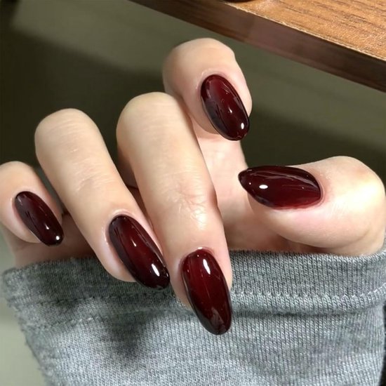 24 stuks Donkerrode Druknagels Amandel Medium Lang, Bourgondische Acryl nagels, Effen Middelgrote Kunstnagels Acryl, Stiletto Nagels volledige dekking glanzend