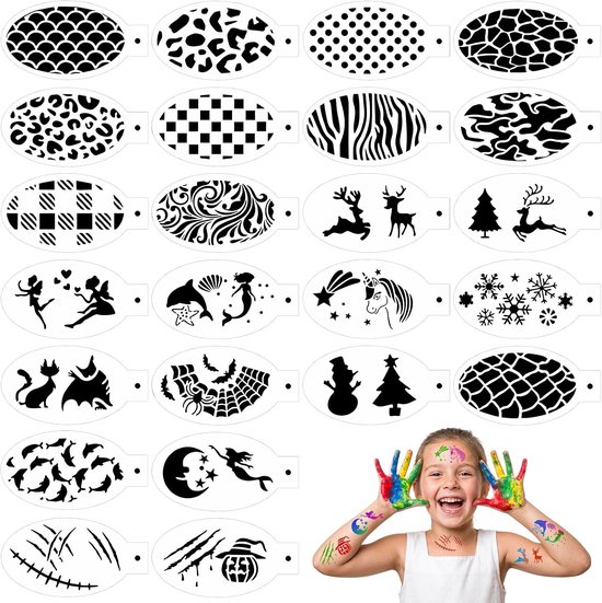 24 stuks gezichtsschildersjablonen voor kinderen, herbruikbaar, Halloween-gezichtsschildersjabloon voor volwassenen, make-upfeest, tattoo-party, decoratie