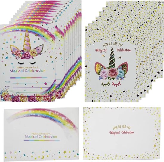 24 stuks glitter uitnodigingskaarten en roze enveloppen voor feestjes en kinderverjaardagen de kaarten in kleurrijke eenhoorn ster ontwerp zijn de uitnodiging voor Kids Birthday Baby Shower Party
