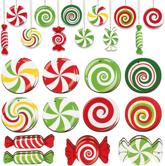 24 stuks houten kerstdecoratiehangers, kerstboomversiering, kerstsnoep, ornamenten, kleurrijke snoepdecoratie, voor kerstbomen, thuis en feestdecoratie