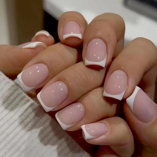 24 stuks korte kunstnagels om op te plakken, vierkant, Franse vorm, om op te plakken, kort, kunstnagels met nagellijm, volledige dekking, nageltips voor manicure, doe-het-zelf, wit, Frans