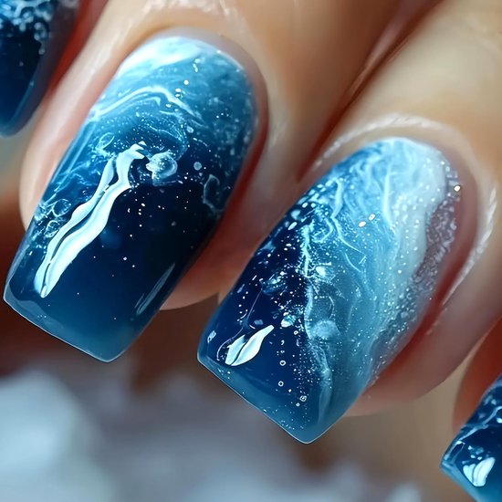 24 stuks vingernagels om op te plakken, middelhoekig, blauw kleurverloop, valse nagels, Franse press-on nagels met wit golvend design, volledige cover plaknagels, acryl kunstnagels voor vrouwen, nail