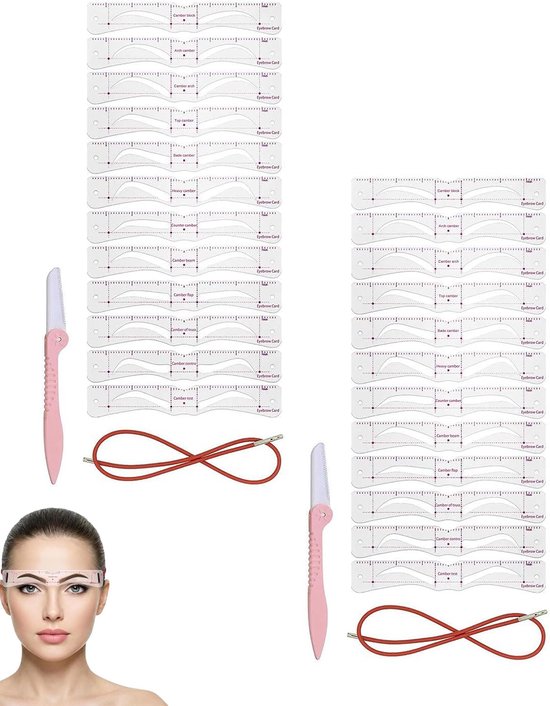 24 stuks wenkbrauwsjablonenset met standaard, herbruikbare vormen voor wenkbrauwstyling, geschikt voor beginners, kunststof houder voor nauwkeurige contouren en symmetrie