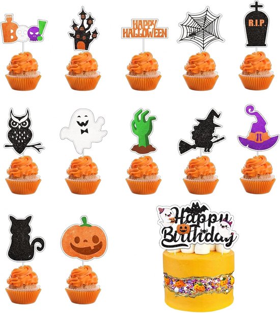 25 stuks Halloween-taartdecoraties voor verjaardag, set met 1 grote Happy Birthday-topper en 24 glinsterende cupcake-toppers voor taarten, muffins en themafeesten, pompoen, geest, heks