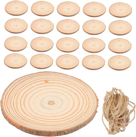 25 Stuks Natuurlijke Schijven met Voorgeboorde Jute Onbewerkte voor Decoratie Rustieke Kerstversiering Creatieve DIY Projecten
