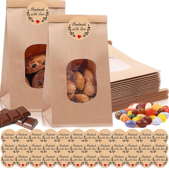25 stuks papieren zakken met venster, bruine koekjeszakjes van kraftpapier, 17 x 9 x 6 cm, kleine koekjeszakjes met venster, kraftpapieren zakjes, cadeauzakjes met stickers, voor snoep