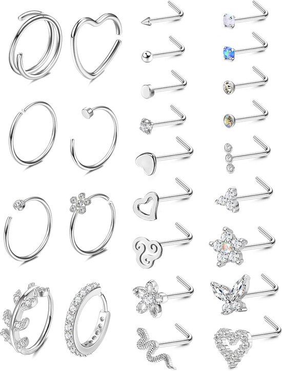 26 Stuks 20G Neus Ring Neus Stud Chirurgisch Staal Neus Piercings Set CZ Glanzend Septum Piercing Vlinder Slang Neus Studs Piercing Neus Ringen Goud Silver Neus Piercings Sieraden
