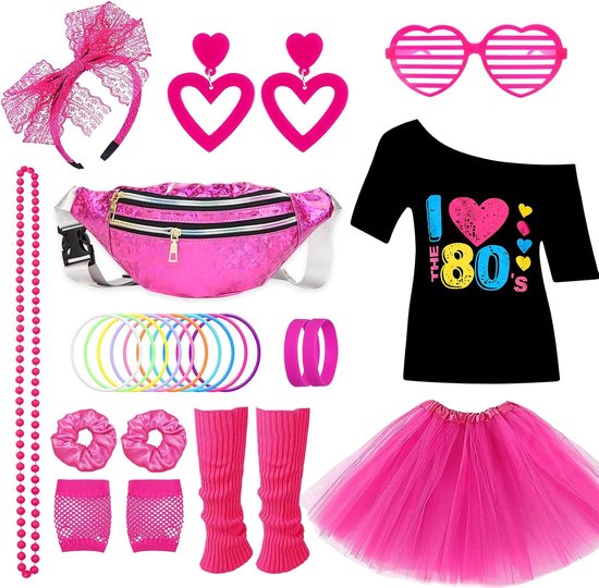 26 stuks jaren 80-kostuum, feestoutfit disco, neon uit de jaren 90, T-shirt, tutu, armband, heuptas, bril, armband, halskettingen, beenwarmers, outfit jaar, themafeest, carnaval, dames