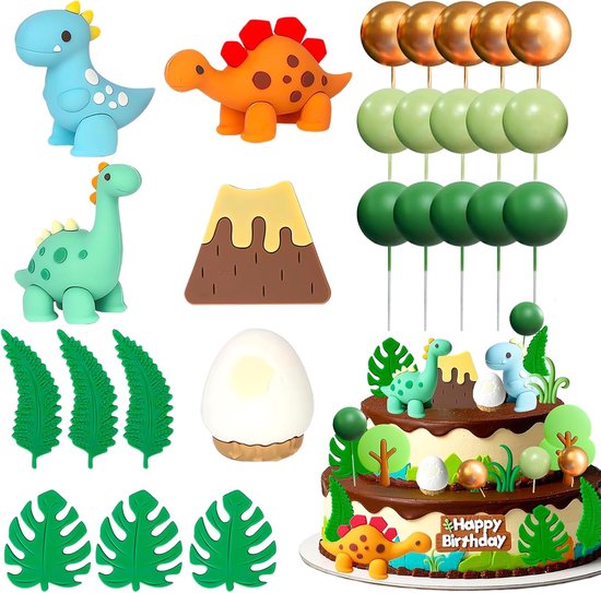 26 stuks luxe dinosaurus taartdecoratie 3D taartdecoratie Dino Cake | Feestdecoratie, dino-thema, taartdecoratie, geschikt voor baby's, kinderen, verjaardagsfeestdecoraties